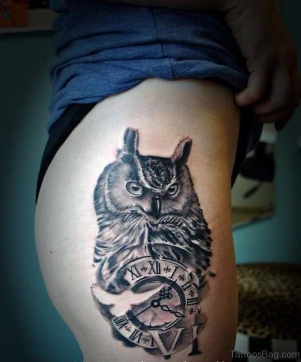 Black Ink Feminine Owl With Clock Tattoo