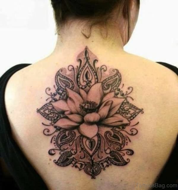 Black Ink Hippie Flower Tattoo On Upper Back