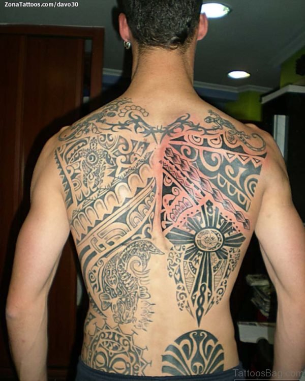 Black Ink Maori Tattoo On Back