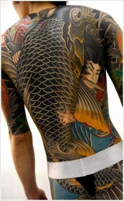 Black Koi Fish Tattoo On Full Back