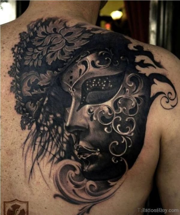 Black Mask Tattoo On Back