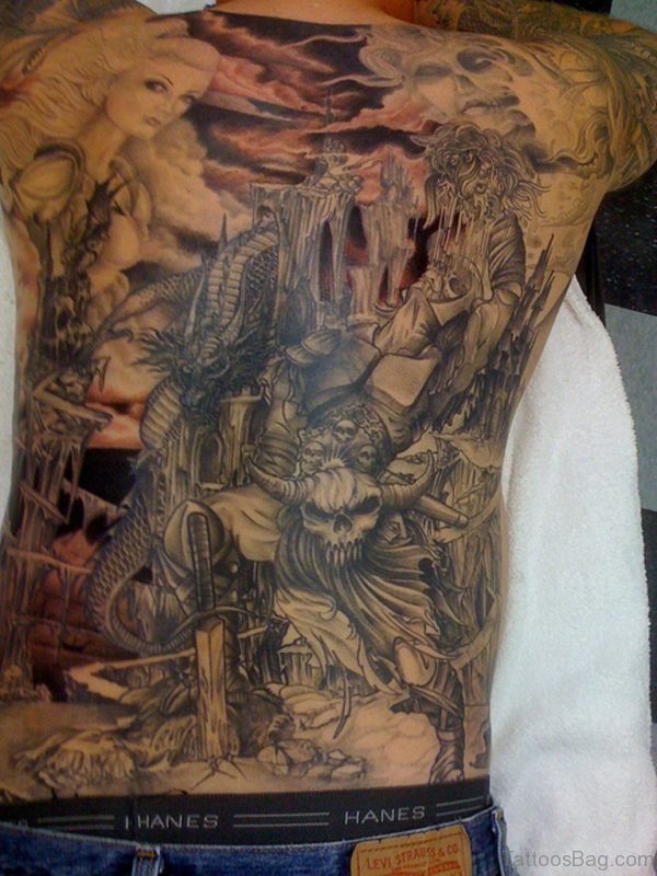 Black Viking Tattoo On Full Back