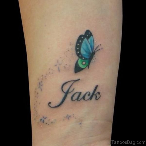 Blue Butterfly And Name Tattoo