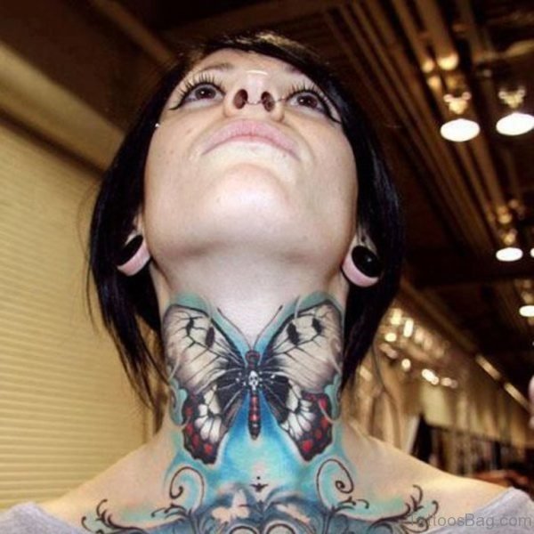 Blue Butterfly Tattoo On Neck