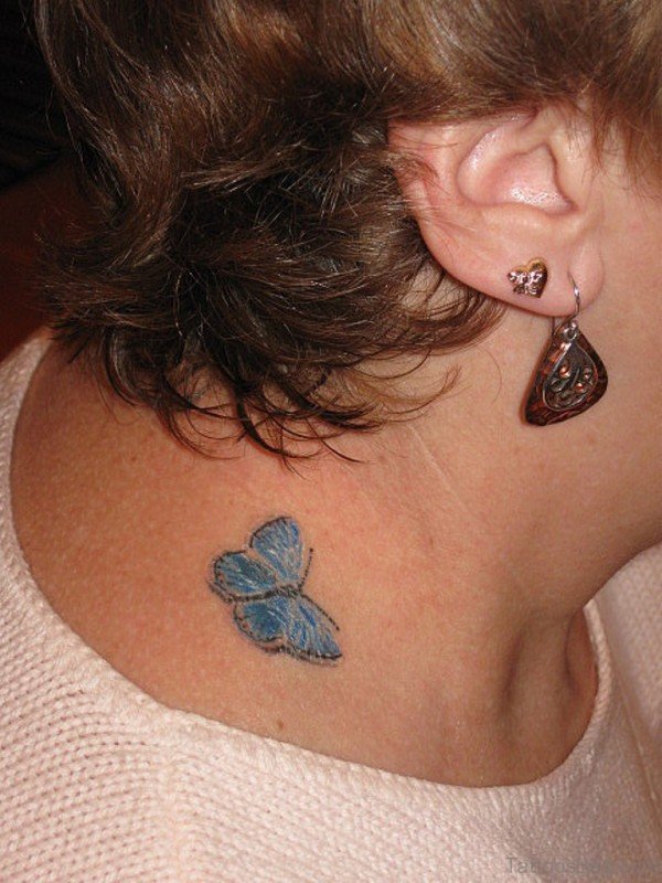 Blue Butterfly Tattoo On Neck