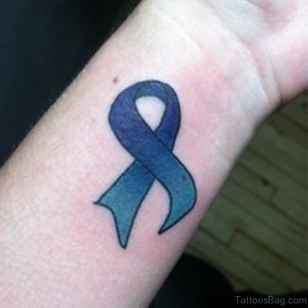 Blue Cancer Ribbon Wrist Tattoo