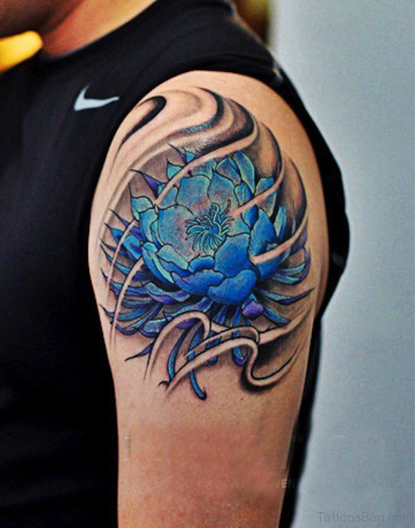 Blue Flower Shoulder Tattoo For Men