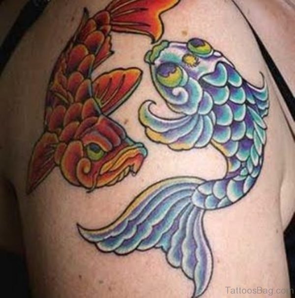 Blue Waves And Pisces Zodiac Tattoos On Shoulder