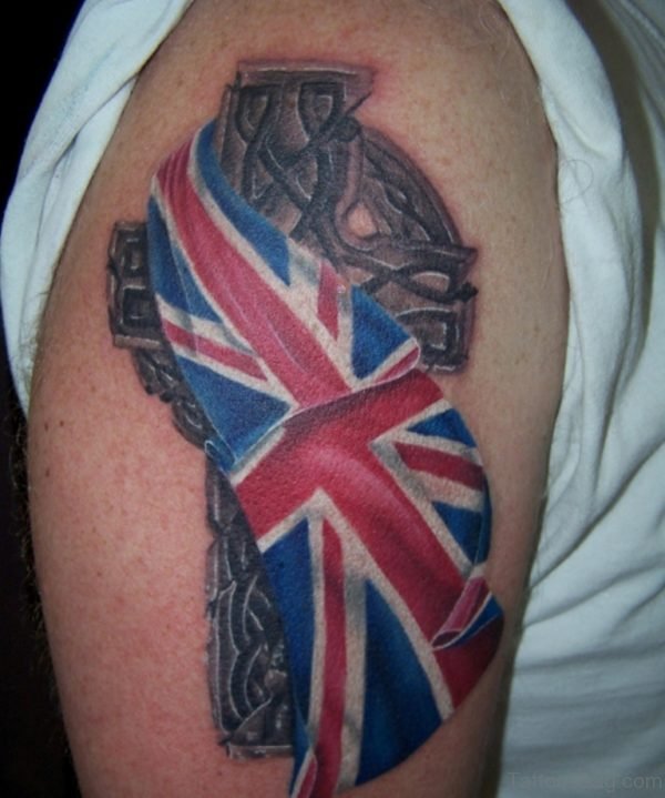British Flag And Cross Tattoo On Shoulder