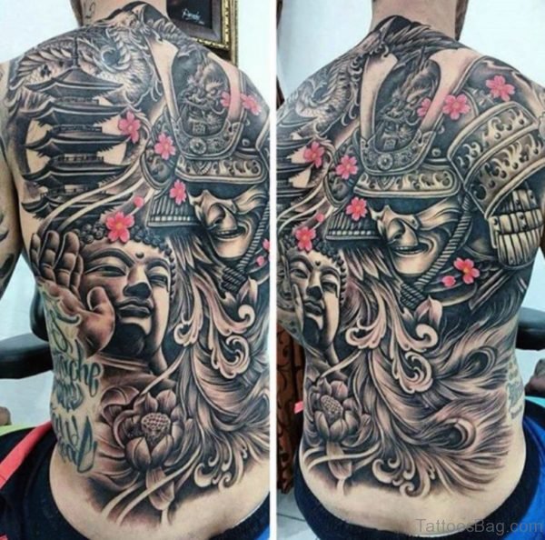 Buddha And Warrior Tattoo On Full Back