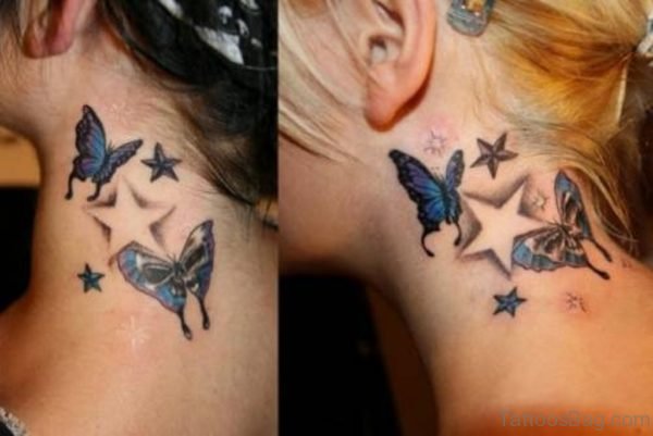 Butterflies And Stars Tattoo On Neck