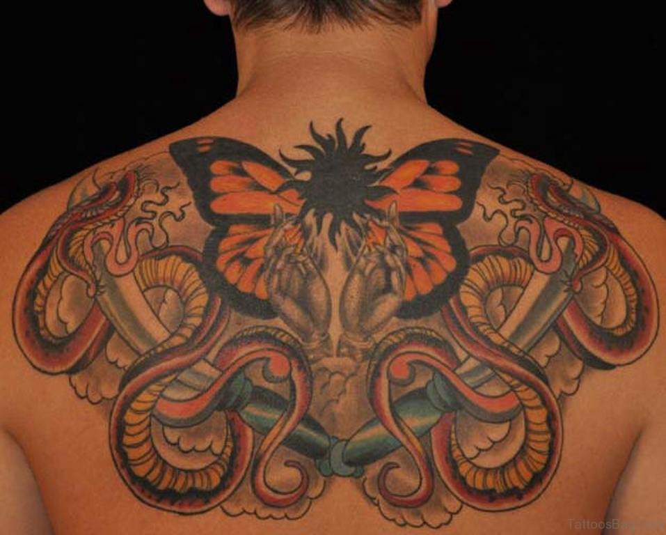 Butterfly And Colorful Snake Tattoo