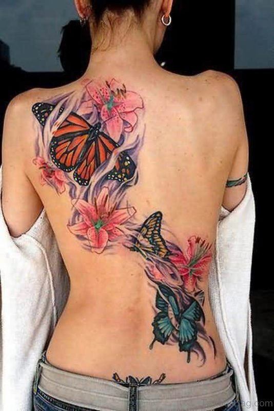 Butterfly And  Pink Flowers Tattoo