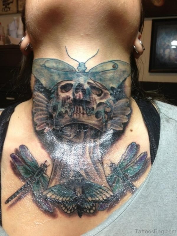 Butterfly Skull Tattoo On Neck