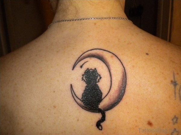 Cat On the Moon Center Back Tattoo