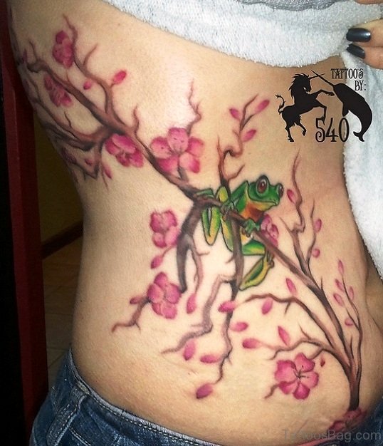 Cherry Blossom Tree And Frog Tattoo Design