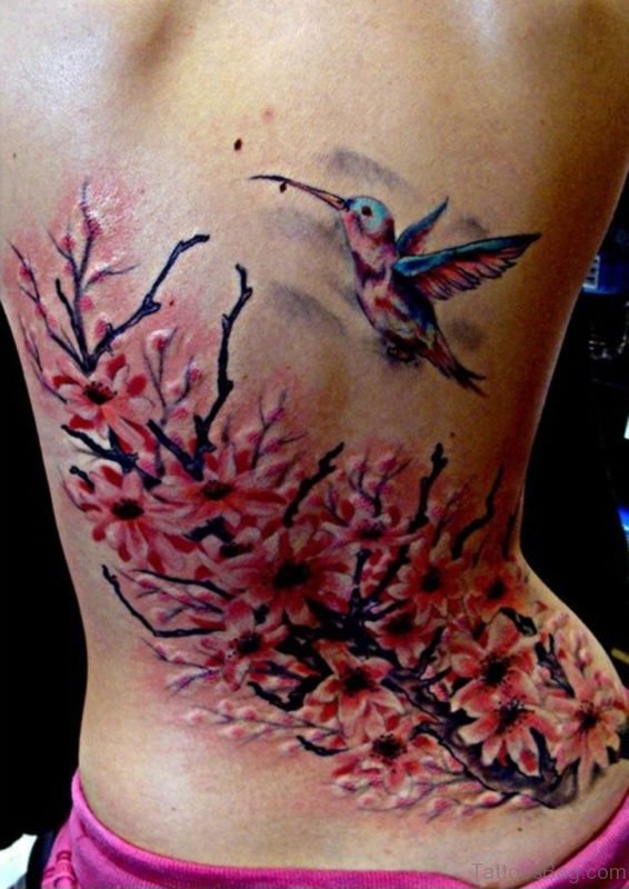 Cherry Flower And Hummingbird Tattoo