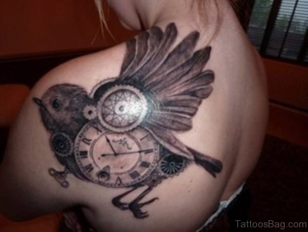 Clock Bird Tattoo On Back