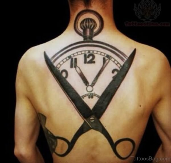 Clock Scissor Tattoo On Back