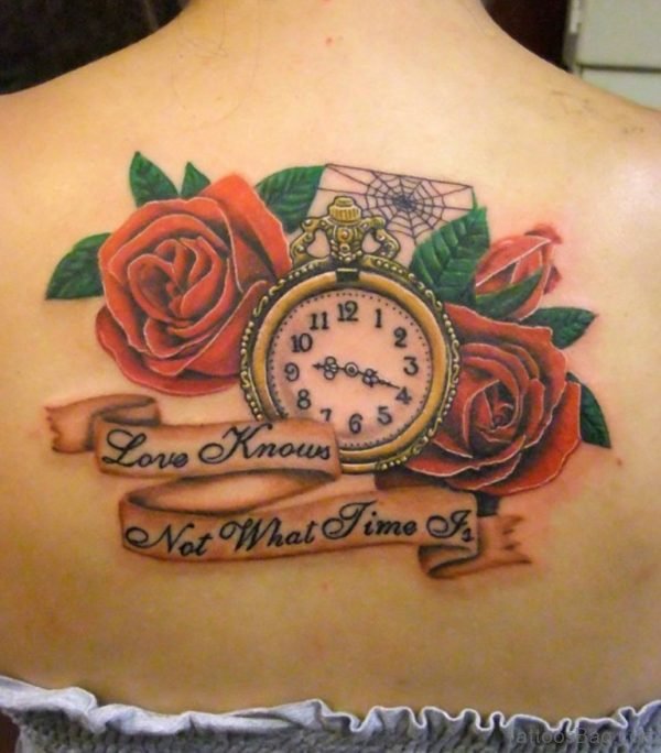 Clock Tattoo With Flowers Tattoo On Back