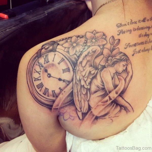 Clock With Rose Tattoo On Right Back