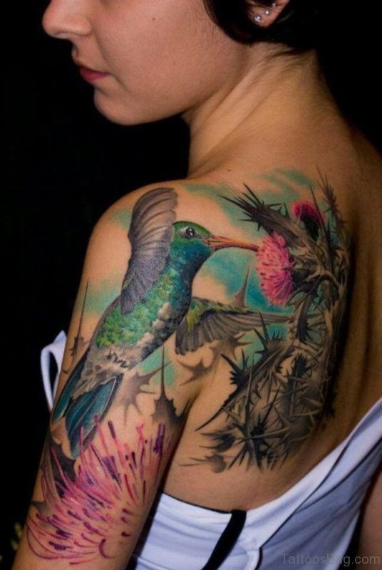 Color Hummingbird With Flower Tattoo On Back