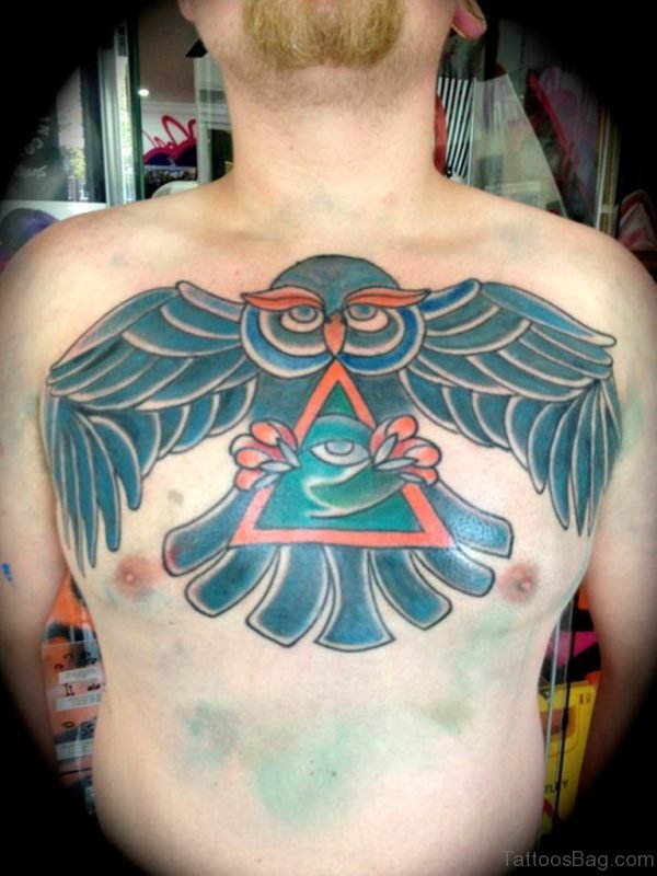 Color Ink Owl Tattoo On Man Chest
