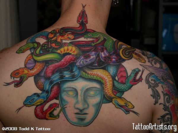 Color Medusa Tattoo On Upper Back