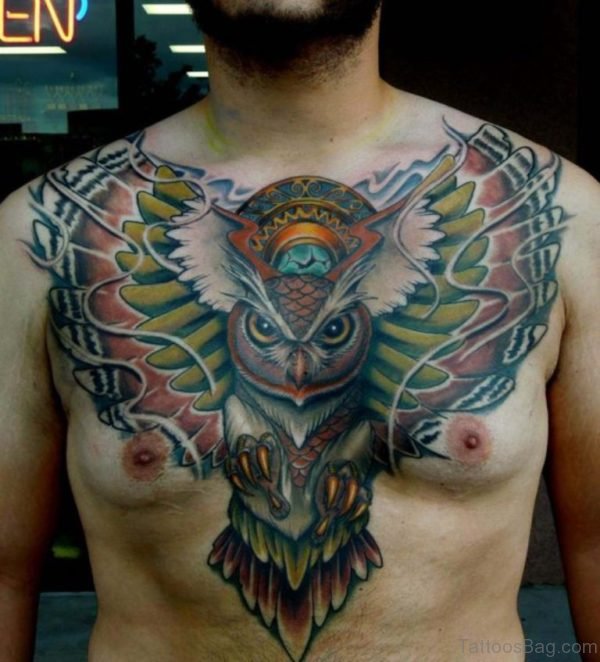Color Owl Tattoo On Chest