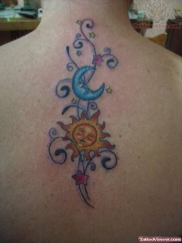 Colored And Moon Tattoo On Back