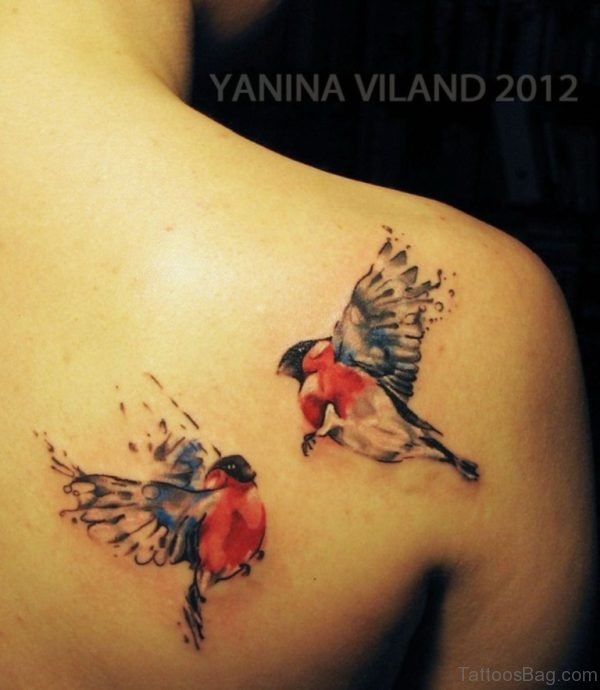 Colored Birds Tattoo On Back