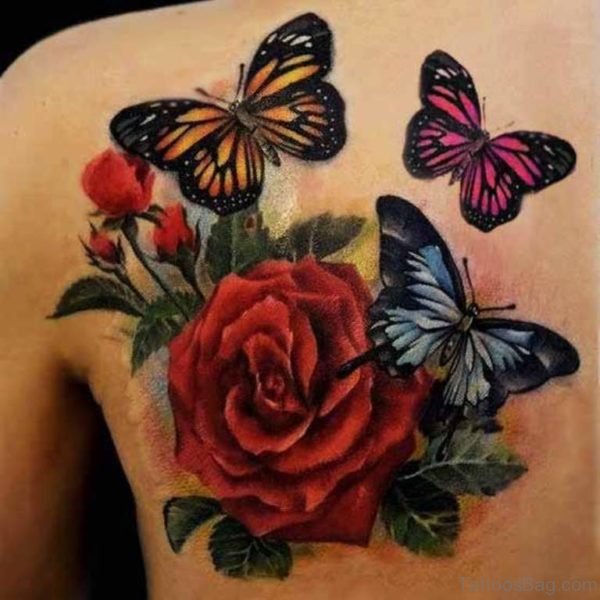 Colored Butterfly And Rose Tattoo