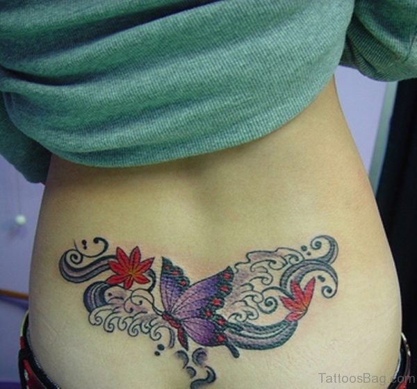 Colored Butterfly Tattoo On Lower Back 