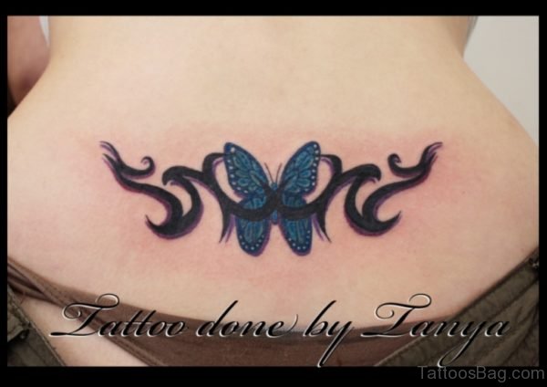 Colored Butterfly Tattoo On Lower Back
