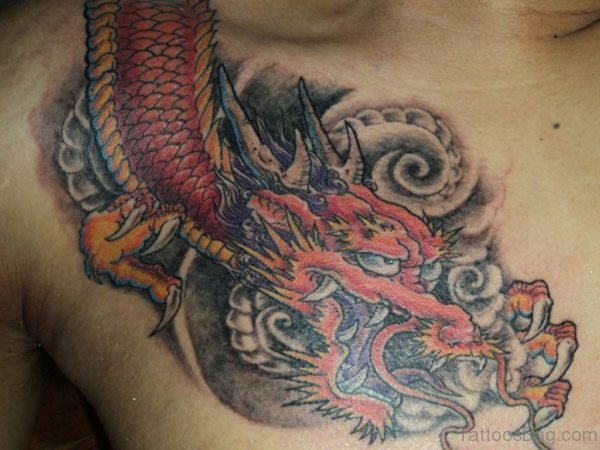 Colored Dragon Tattoo On Chest