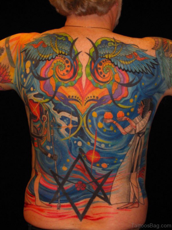 Colored Egyptian Tattoo On Back