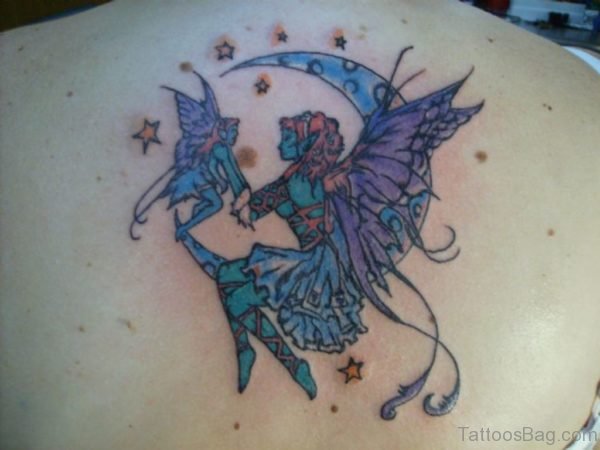 Colored Fairy And Moon Tattoo