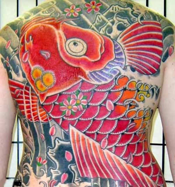 Colored Fish Tattoo On Full Back