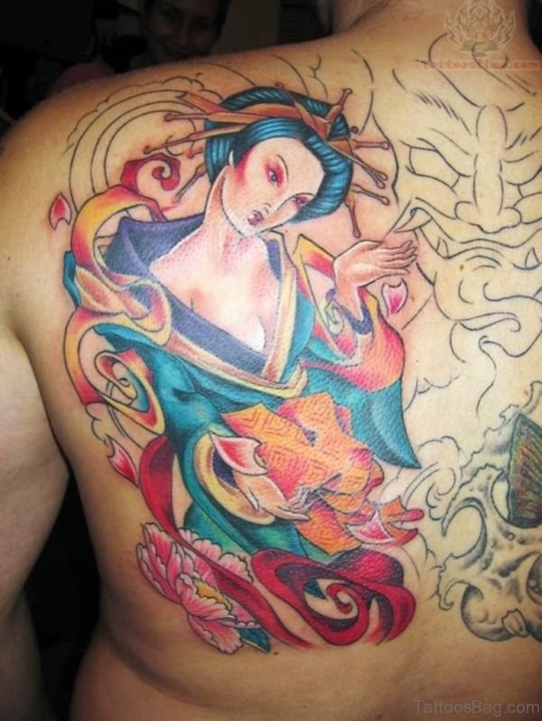 Colored Geisha Tattoo On Back