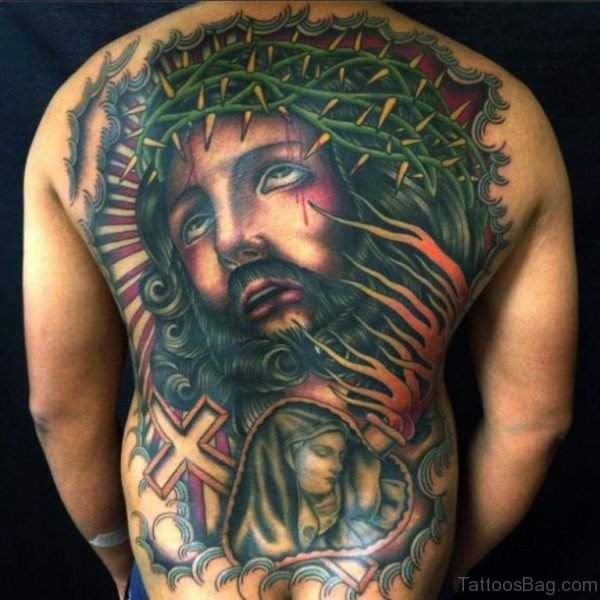 Colored Jesus Tattoo On Full Back