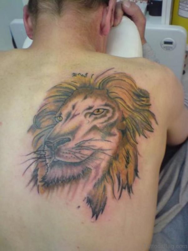 Colored Lion Face Tattoo On Back 