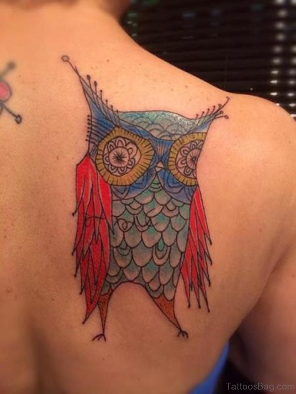 Colored Owl Tattoo Design On Back