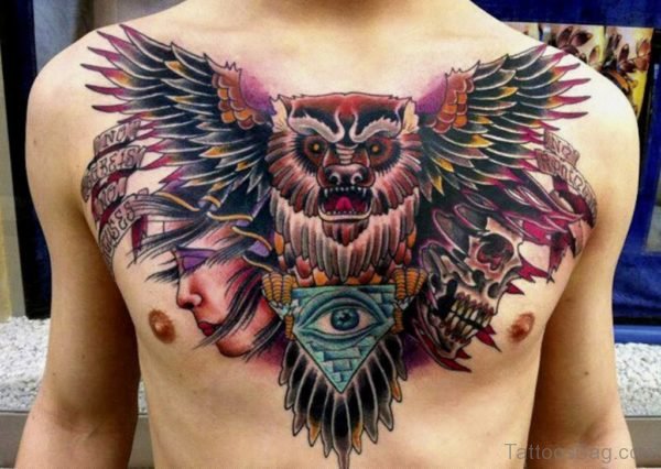 Colored Owl Tattoo Design On Chest