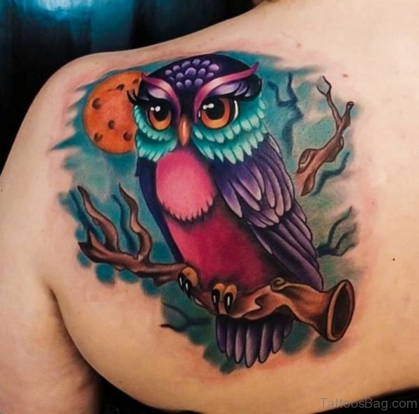 Colored Owl Tattoo On Back
