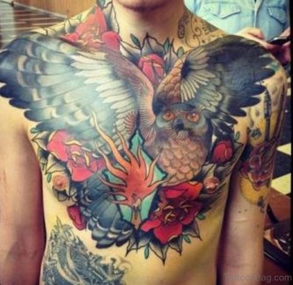 Colored Owl Tattoo On Chest