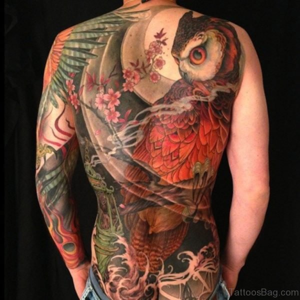 Colored Owl Tattoo On Full Back