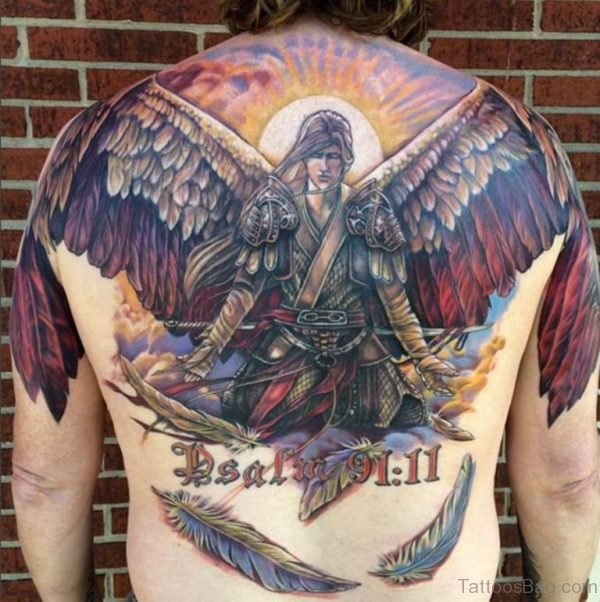 Colored Religious Tattoo On Back