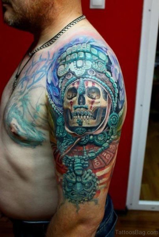Colored Skull Aztec Tattoo On Shoulder