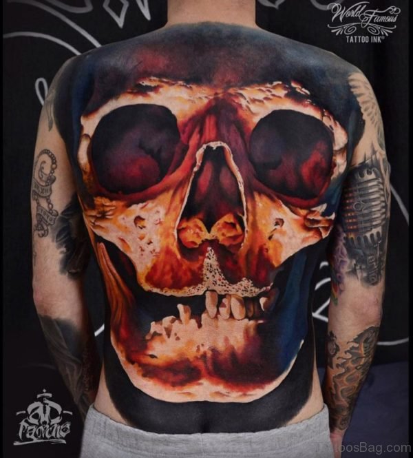 Colored Skull Tattoo On Full Back 