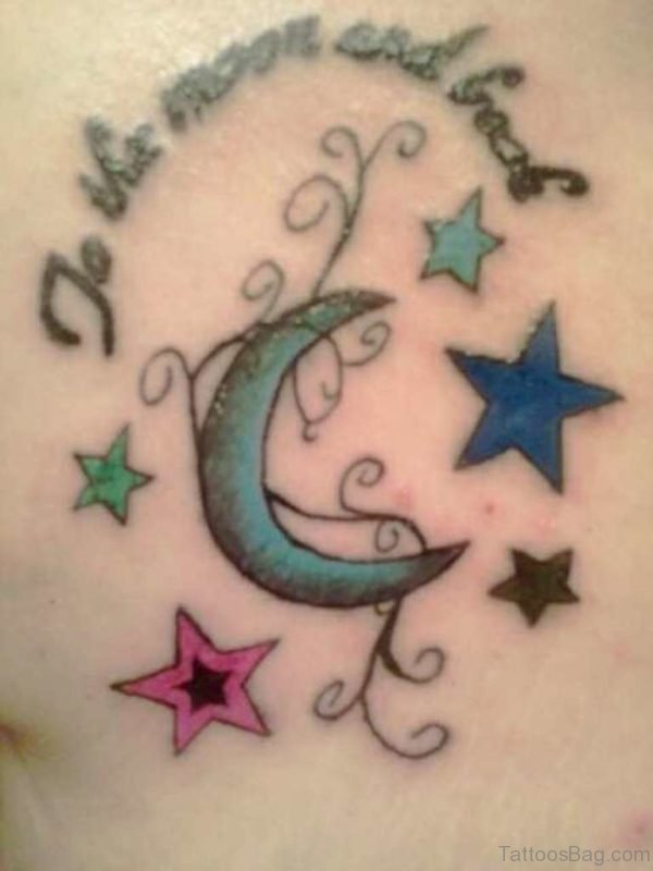 Colored Stars And Moon Tattoo